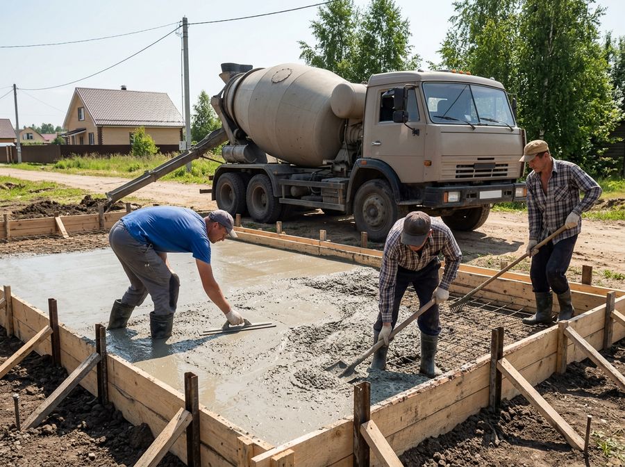 Рабочие разравнивают бетон в опалубке плиты, за ней миксер